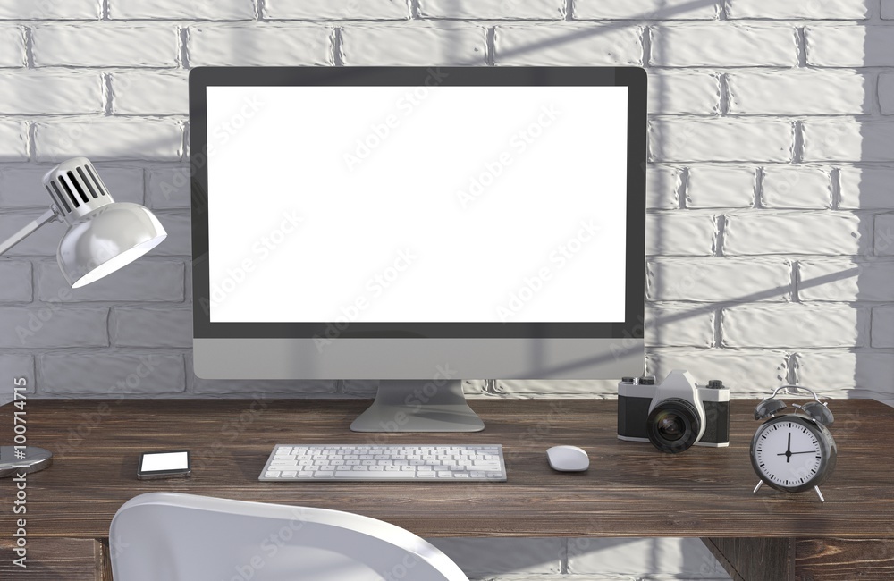 Fototapeta premium 3D illustration PC screen on table in office, Workspace