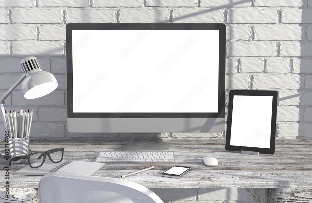 Fototapeta premium 3D illustration PC screen on table in office, Workspace
