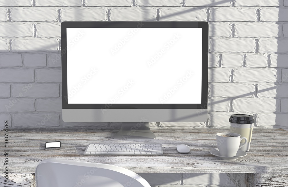 Fototapeta premium 3D illustration PC screen on table in office, Workspace