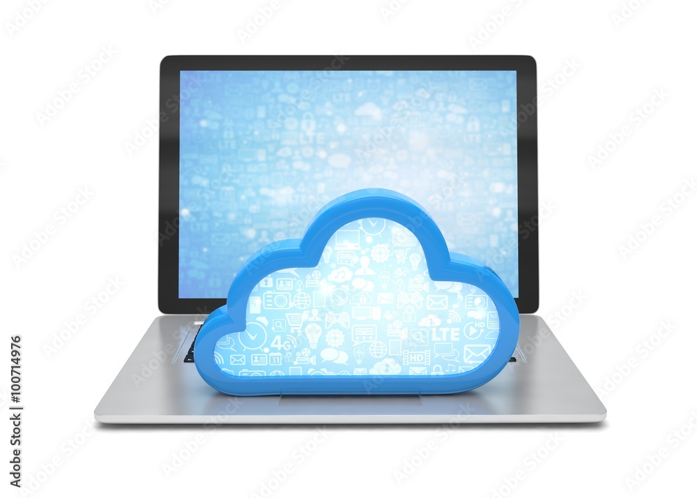 Laptop with cloud computing symbol on keyboard. 3d render Laptop with cloud computing symbol on keyboard. 3d render