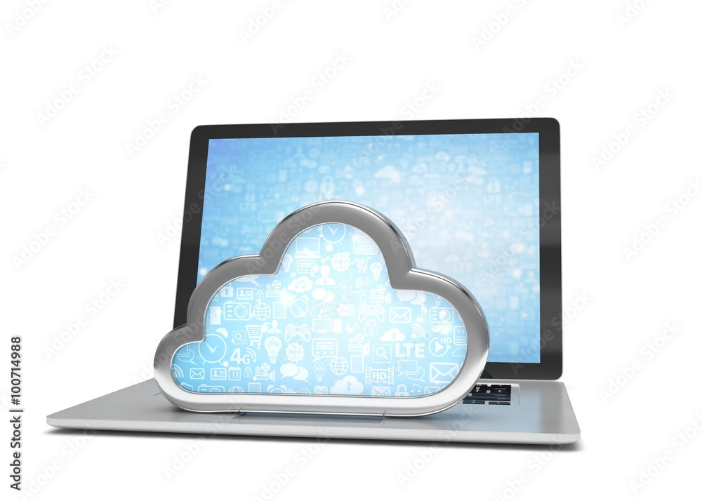 Laptop with cloud computing symbol on keyboard. 3d render Laptop with cloud computing symbol on keyboard. 3d render