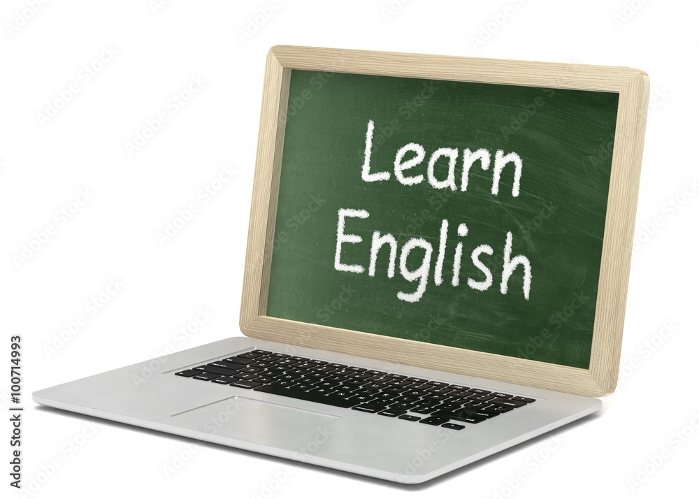 Laptop with chalkboard, learn english, online education concept Laptop with chalkboard, learn english, online education concept