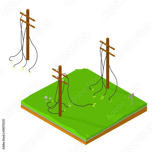 A vector illustration of a power cut due to damaged electricity poles on land tile. Broken Electricity Power line cables icon illustration. Blackout power outage concept.