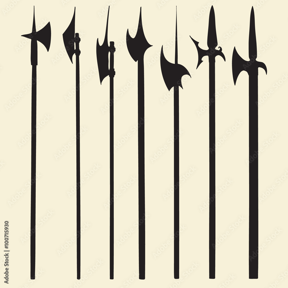 Set of historical halberd silhouettes. Illustration with slashing weapons on a light background. Set of historical halberd silhouettes. Illustration with slashing weapons on a light background.