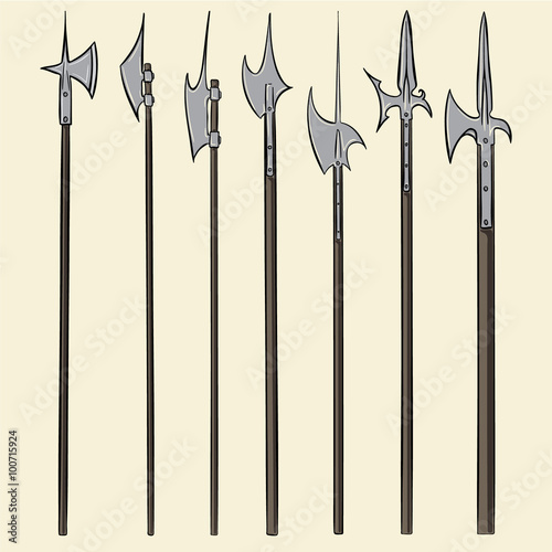 Set of historical halberd weapons. Illustration with slashing weapons on a light background.