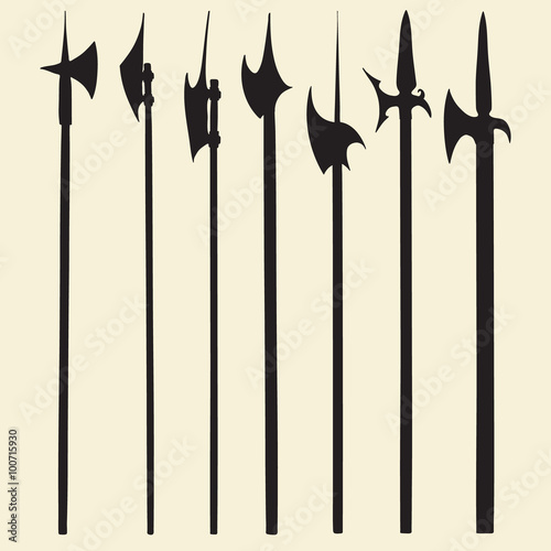 Set of historical halberd silhouettes. Illustration with slashing weapons on a light background.