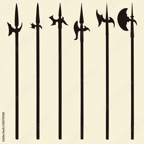 Set of historical halberd silhouettes. Illustration with slashing weapons on a light background. photo
