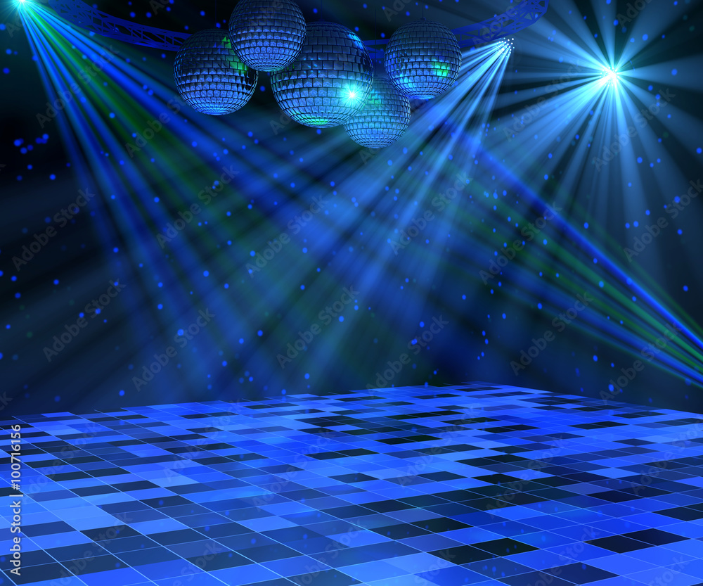 Blue disco dance floor with mirror balls, lattice framework and spot  lights. 3d render. Stock Illustration
