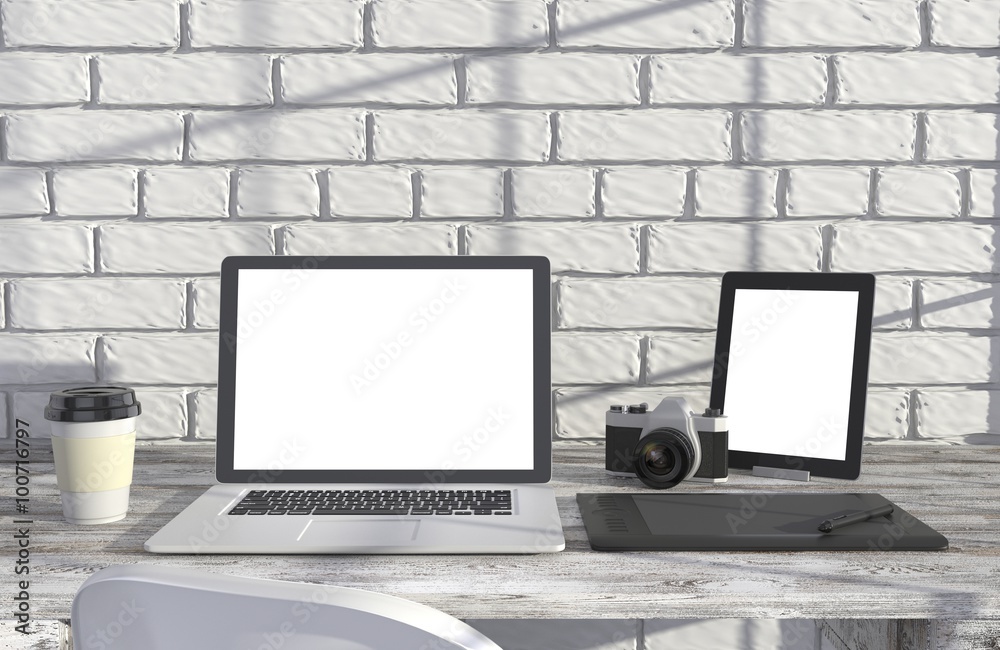 Fototapeta premium 3D illustration laptop and work stuff on table near brick wall, Workspace
