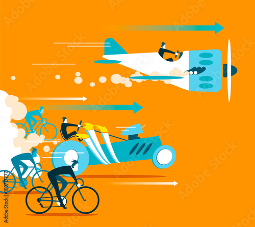Powerful car and plane overtaking bicycles.