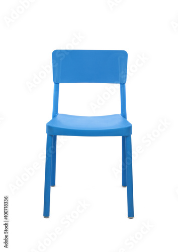 Blue Plastic Cafe Chair on White Background, Front View