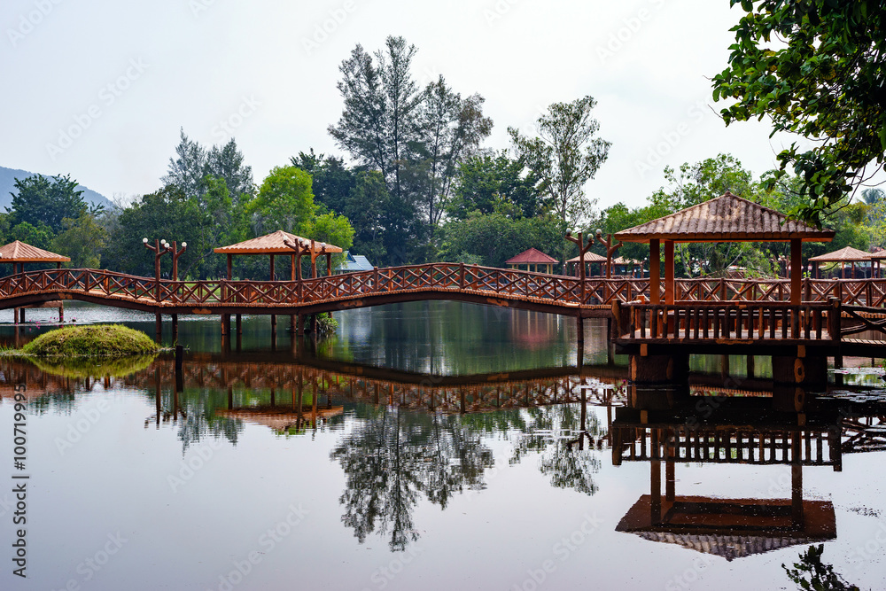 Beautiful garden with bridge and reflection in the lake Beautiful garden with bridge and reflection in the lake