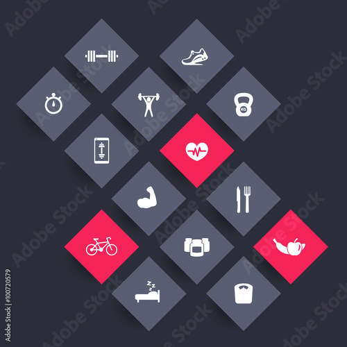 14 fitness, gym rhombic icons, fitness app icon, vector illustration