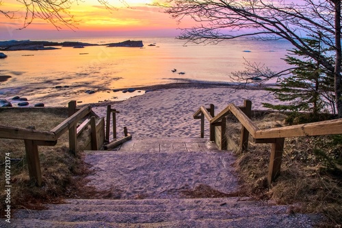 Lake Superior Sunset. Stairs leading to a beautiful Lake Superior sunset beach at the Hurricane River Campground in Pictured Rocks National Lakeshore.