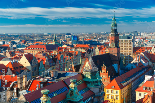 Aerial view of Stare Miasto with Market Square and Old Town Hall from St. Mary Magdalene Church in Wroclaw, Poland