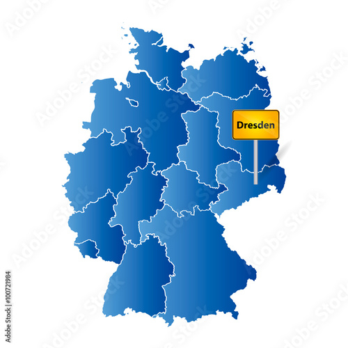 Deutsche Landkarte mit Ortstafel Markierung auf der deutschen Stadt Dresden
