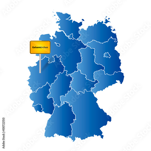 Deutsche Landkarte mit Ortstafel Markierung auf der deutschen Stadt Gelsenkirchen © BestStock
