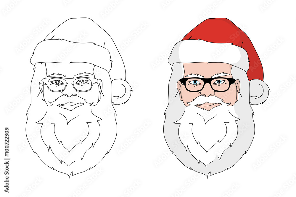 Illustration of the head of Santa Claus.Black and color variant Illustration of the head of Santa Claus.Black and color variant
