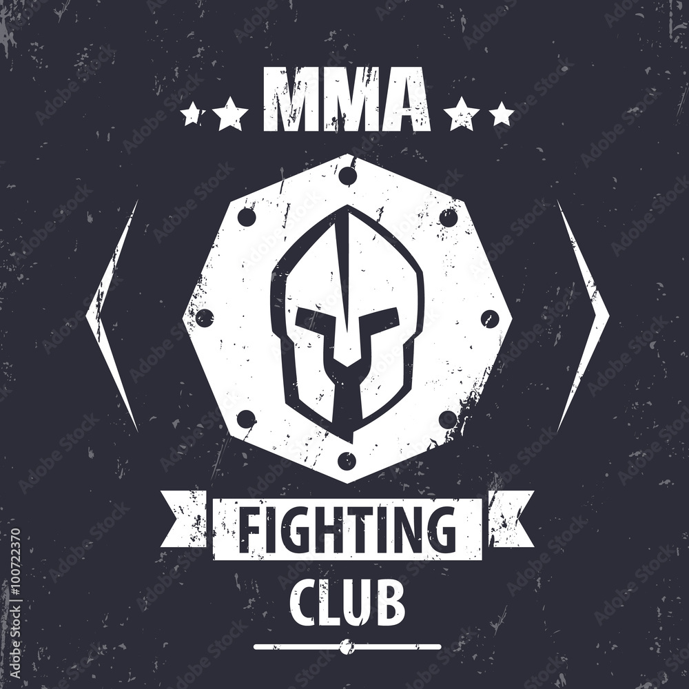 MMA Fighting Club grunge emblem with spartan helmet, t-shirt print, vector illustration