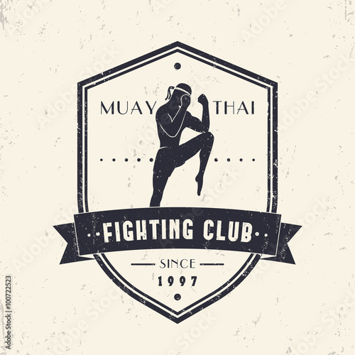 Muay Thai Fighting Club vintage emblem on shield, logo, t-shirt design, vector illustration