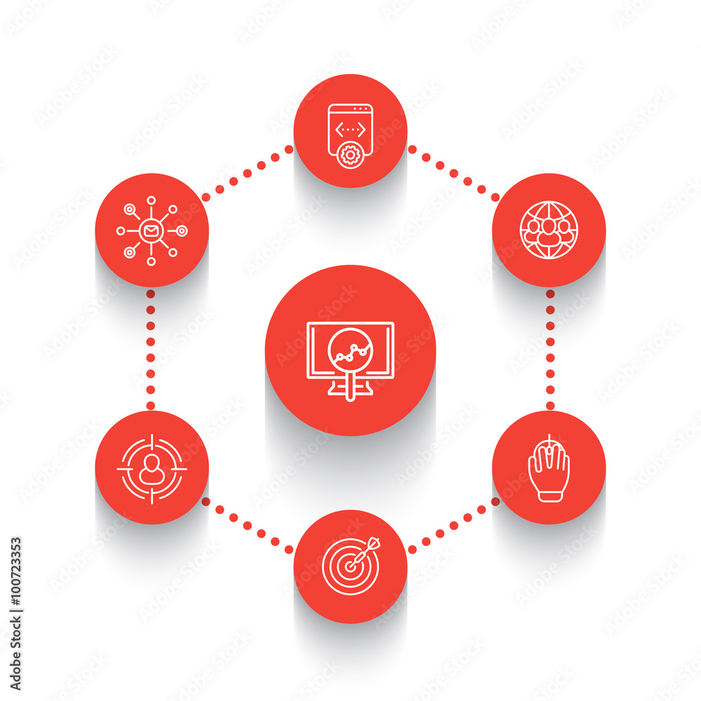 seo line round icons, search engine optimization, internet marketing, web page indexing, seo tools icons over white, vector illustration seo line round icons, search engine optimization, internet marketing, web page indexing, seo tools icons over white, vector illustration