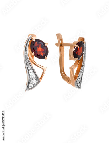earrings with garnet and diamonds isolated on white