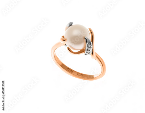 Beautiful ring with pearl isolated on white...