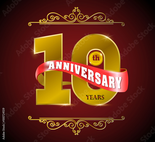 Golden and ribbon Template logo 10th anniversary, vector illustrator