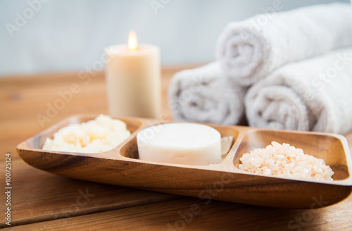 close up of soap, himalayan salt and scrub in bowl