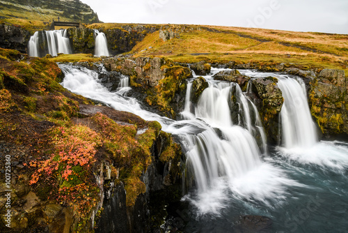Waterfall near Kirkjufell  natural landmark of Iceland