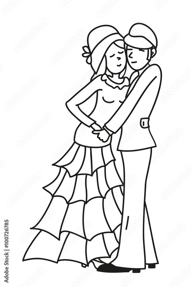 Dancing loving couple, hand-drawn outline. Dancing loving couple, hand-drawn outline.