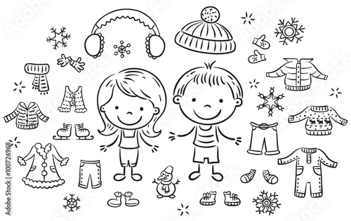 Winter clothes set for a boy and a girl, black and white outline