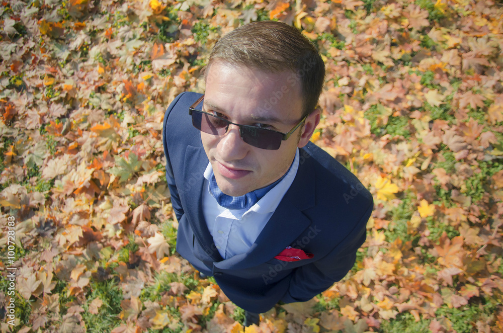 Proud groom photographed from above on leaves background Proud groom photographed from above on leaves background