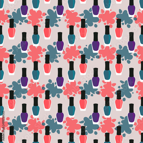 Nail lacquer or nail polish seamless pattern. Purple, green and red nail lacquers or nail polishes in seamless pattern with paint splashes on a background