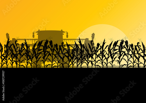 Corn field harvesting with combine harvester yellow abstract rur
