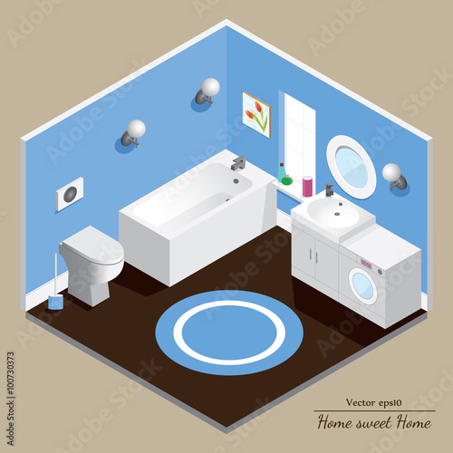 Bathroom 3D interior. Blue background. 