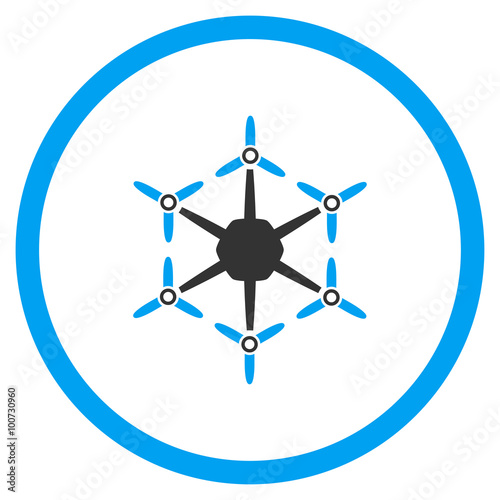 Hexacopter vector icon. Style is bicolor flat circled symbol, blue and gray colors, rounded angles, white background.