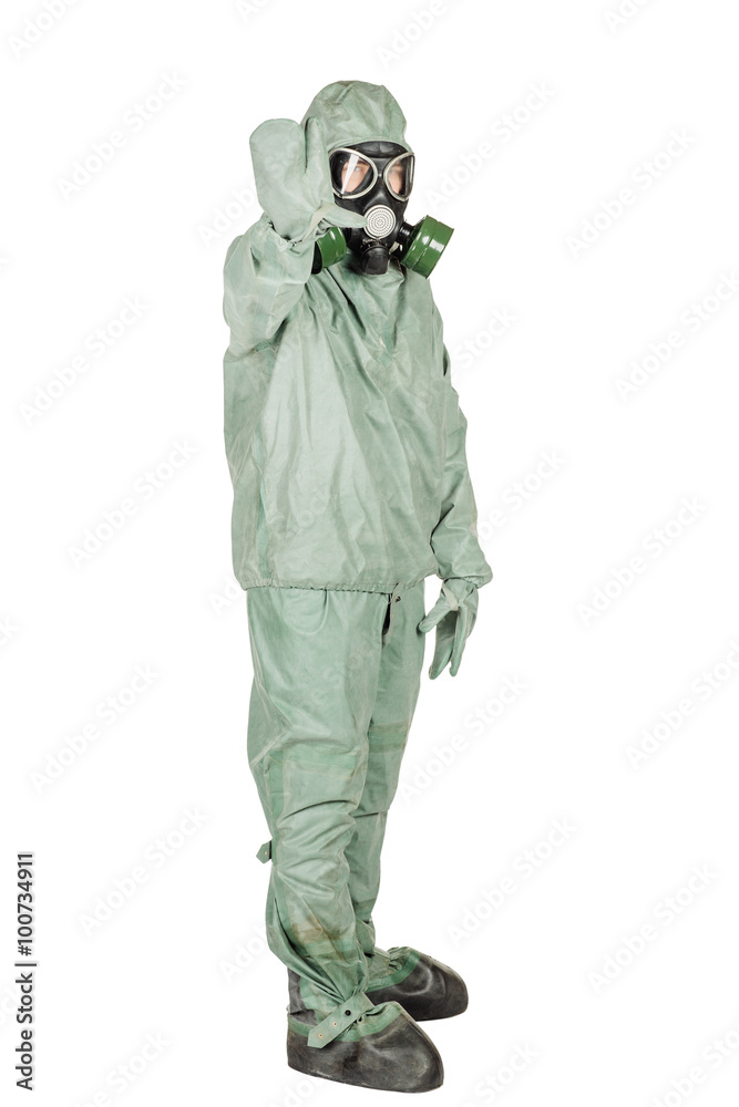Man with protective mask and protective clothes signaling a stop Man with protective mask and protective clothes signaling a stop