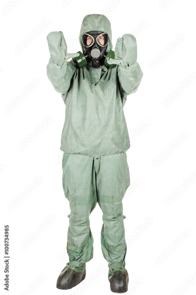 .Man with protective mask and protective clothes presenting copy .Man with protective mask and protective clothes presenting copy