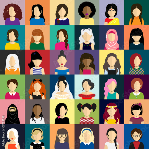 People icons set in flat style with faces of women ang girls
