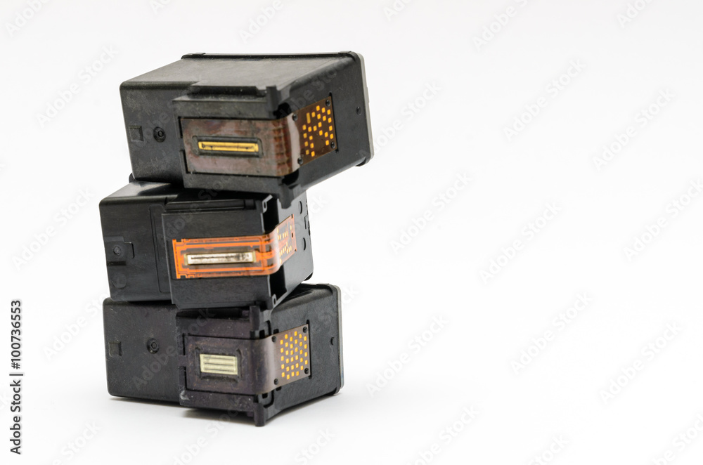 tower of catridges for ink jet printer on white background tower of catridges for ink jet printer on white background