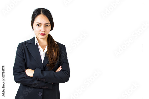 Smiling business woman, isolated on white background. crossed ar