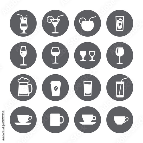 set of circle icon. Glassware for beverages. Cocktails, glasses and cup.