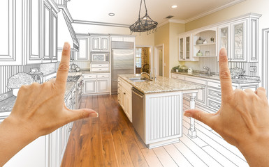 Hands Framing Gradated Custom Kitchen Design Drawing and Photo Combination