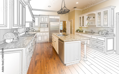 Obraz na plátně Custom Kitchen Design Drawing and Gradated Photo Combination