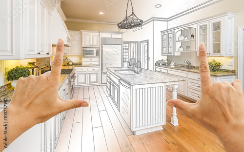 Hands Framing Gradated Custom Kitchen Design Drawing and Photo C photo