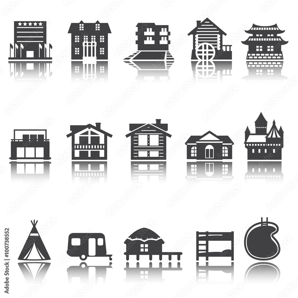 icon hotel, house, camping. accommodation options. Vector set. Shadow reflection