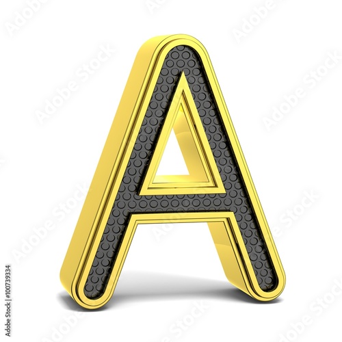 Golden and black round alphabet. Letter A. 3D render illustration isolated on white background with soft shadow