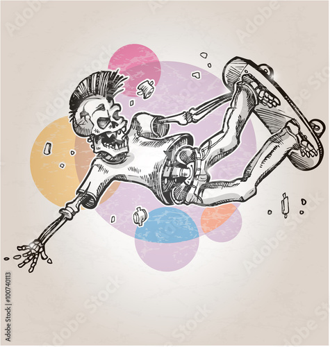 skeleton skater  on abstract retro background