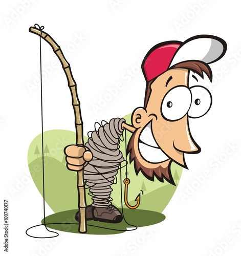 Funny fisherman entangled in fishing line